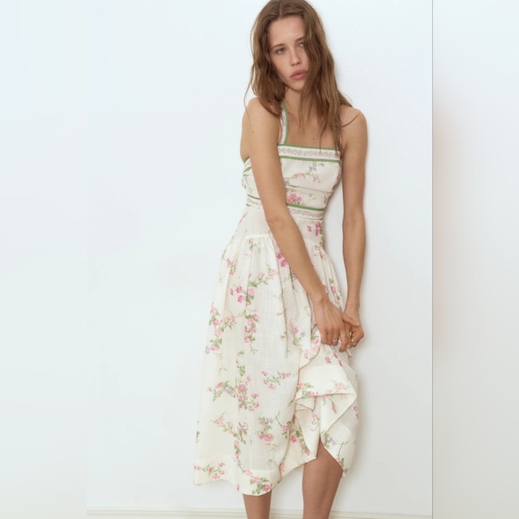 H&M Dresses & Skirts - H&M Lovely Long FLORAL Back Tie-detail Midi Dress Floral Cream Floral BNWT